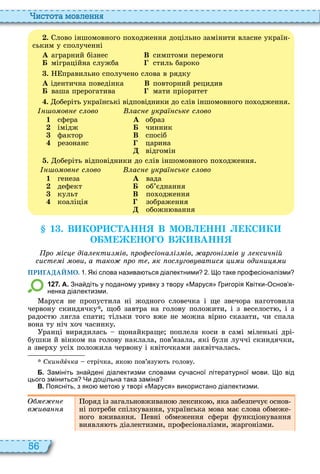 56
истота мовл нн
. лово іншомовного по одження доцільно замінити власне україн
ським у сполученні
À аграрний бізнес В симптоми перемоги
Á міграційна служба стиль бароко
. правильно сполучено слова в рядку
À ідентична поведінка В повторний рецидив
Á ваша прерогатива мати пріоритет
. оберіть українські відповідники до слів іншомовного по одження
о ов с ово
1 сфера
2 імідж
3 фактор
4 резонанс
ас кра ськ с ово
À образ
Á чинник
В спосіб
царина
відгомін
. оберіть відповідники до слів іншомовного по одження
о ов с ово
1 генеза
2 дефект
3 культ
4 коаліція
ас кра ськ с ово
À вада
Á об’єднання
В по одження
зображення
обожн вання
1 . В КОР С АНН В МОВ НН КС К
О М НО О В ВАНН
ро іс діа кти ів ро сіо а і ів арго і ів ксич ій
сист і ови а тако ро т к ос гов ватис и и оди и и
ПРИГАДАЙМО. . Які слова назива ться діалектними . о таке про есіоналізми
1 2 7 . А. Зна діть у поданому уривку з твору Маруся ригорія вітки Основ я
ненка діалектизми.
аруся не пропустила ні жодного словечка і ще звечора наготовила
червону скиндячку , щоб завтра на голову положити, і з веселост , і з
радост лягла спати тільки того вже не можна вірно сказати, чи спала
вона ту ніч оч часинку
ранці вирядилась щонайкраще поплела коси в самі міленькі дрі
бушки й вінком на голову наклала, пов’язала, які були луччі скиндячки,
а звер у усі положила червону і квіточками заквітчалась
Ски дÿчка стрічка, яко пов’язу ть голову
Б. Замініть зна дені діалектизми словами су асної літературної мови. о від
цього зміниться Чи доцільна така заміна
В. Поясніть з яко мето у творі Маруся використано діалектизми.
в ива
оряд із загальновживано лексико , яка забезпечує основ
ні потреби спілкування, українська мова має слова обмеже
ного вживання евні обмеження сфери функціонування
виявля ть діалектизми, професіоналізми, жаргонізми
 