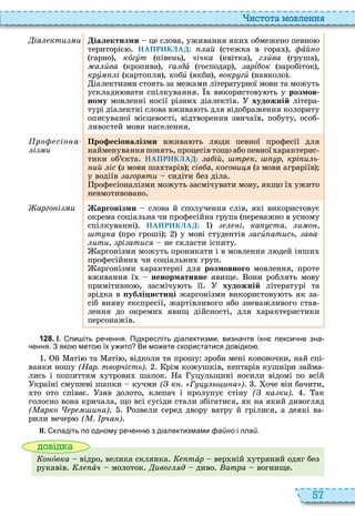57
истота мовл нн
іа кти и іалектизми це слова, уживання яки обмежено певно
територіє НАПРИКЛАД: ай стежка в гора , àй о
гарно , кîгóò півень , чічка квітка , г èâà груша ,
а èâà кропива , а дà господар , арѕ ок заробіток ,
крó і картопля , ко è якби , вокр гè навколо
іалектизми стоять за межами літературної мови та можуть
ускладн вати спілкування використову ть у розмов
ному мовленні носії різни діалектів художній літера
турі діалектні слова вжива ть для відображення колориту
описуваної місцевості, відтворення звичаїв, побуту, особ
ливостей мови населення
ро сіо а
і и
Про есіоналізми вжива ть л ди певної професії для
найменування понять, процесів тощо або певної арактерис
тики об’єкта НАПРИКЛАД: а ій тр к р крі и ь
ий іс з мови ша тарів сів а косови з мови аграріїв
у водіїв агор ти сидіти без діла
рофесіоналізми можуть засмічувати мову, якщо ї ужито
невмотивовано
арго і и аргонізми слова й сполучення слів, які використовує
окрема соціальна чи професійна група переважно в усному
спілкуванні НАПРИКЛАД: і ка ста и о
т ка про гроші у мові студентів асè атись ава
ити рі атис не скласти іспиту
аргонізми можуть проникати і в мовлення л дей інши
професійни чи соціальни груп
аргонізми арактерні для розмовного мовлення, проте
вживання ї ненормативне явище они роблять мову
примітивно , засмічу ть її художній літературі та
зрідка в ублі исти і жаргонізми використову ть як за
сіб вияву експресії, жартівливого або зневажливого став
лення до окреми явищ дійсності, для арактеристики
персонажів
1 2 8 . І. пи іть ре ення. Підкресліть діалектизми визна те їхн лекси не зна
ення. З яко мето їх у ито Ви мо ете скористатися довідко .
й аті та аті , відколи тя прошу зроби мені коновочки, най спі
ванки ношу (Нар. творчість) рім кожушків, кептарів кушніри займа
лись і пошиттям утрови шапок а уцульщині носили відомі по всій
країні смушеві шапки кучми ( к . Г ь и а ) оче він бачити,
то ото співає зяв долото, клепач і пролупує стіну ( ка ки) ак
голосно вона кричала, що всі сусіди стали збігатися, як на який дивогляд
( арко р и а) озвели серед двору ватру й грілися, а деякі ва
рили вечер ( . рча )
ІІ. кладіть по одному ре енн з діалектизмами файно і плай.
ові а
Êîíîвка відро, велика склянка тàð вер ній утряний одяг без
рукавів àч молоток ивог д диво Âàòðà вогнище
 