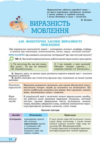84
1 . ОН Н АСО В РА НОС
МОВ НН
ро вира а ь і о ивості в ків а іт ра і асо а с а а ор і ор
а тако ро і то а і і т сив ість т а и огіч ий аго ос
ПРИГАДАЙМО. о назива ть асонансом і алітераці о таке логі ни наголос
1 8 8 . А. Про ита те виразно ре ення ро ля и великі паузи на місці трьох крапок.
и послу ав би, що він каже
ін каже а що ти тямиш
( . о и ський)
ще живий, а вже далекий
йстра підняв смичок і
скрипка ожила ( . ост ко)
Б. Зверніть увагу як велика пауза допомогла виділити мовни зміст і посилити
виразність мовлення.
В. Зро іть висновок про стилісти ну ункці пауз позна ених на письмі трьома
крапками.
о тт
вира ості
иразним назива ть мовлення, яке здатне збуджувати увагу,
викликати інтерес л дей до сказаного чи написаного я
якість найбільше залежить від мовця, його ерудиції, знання
мови, мовленнєви умінь і навичок
ира
а ь і
асо и
українській мові є величезні запаси виражальни засобів,
які роблять наше мовлення виразним інтонація, логічний
наголос, звукове оформлення тексту алітерація, асонанс
тощо , емоційно забарвлені слова, особливі синтаксичні струк
тури риторичні речення, антитеза, еліпс тощо
вукові овтори
асоби Пояснення Приклади
Алітера ія повторення одного
або кілько
риголосних звуків
у суміжни або
розташовани
недалеко одне від
одного слова
о і с ить ор ід ко оско і со о
с а д ко осков і со а ти а
со и ико оч сад сив ко
исков інграновський
цьому прикладі алітерація приголос
ного [ñ] підкресл є спокій природи
М
арв стість дві на нар дн в
е сь нев вне ре расне а ве
і ас а ві ерв на а на
і існ д світн в а с в на
П. Ксенко
 