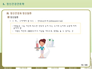 1. 정신건강간호학

2) 정신건강과 정신질환
정신질환
▪ 그 외 , 고려해야 할 요소 - 민족중심주의 (ethnocentrism)
-사람들은 그들 자신의 특수한 민족적 논리 또는 국가적 논리와 규범에 따라
살아야 함
- 사람은 타인의 생활방식이나 이념을 바꾸도록 영향을 줄 수 있다는 것

10 / 65

 
