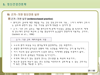 1. 정신건강간호학

5) 근거 - 기반 정신간호 실무
근거 - 기반 실무 (evidence-based practice)
▪ 환자간호 결과에 대한 책임을 지는 것은 전문간호사의 기본 , 그러기 위해서 간호사
는 실무와 관련이 있는 기존 지식을 실무에 적용할 수 있어야 함
▪ 근거 - 기반 간호 실무는 개별 환자간호에 관해 지식있는 결정을 할 목적으로 체계
적 연구에서 얻어진 최선의 근거를 양심적이며 숨김없이 현명하게 사용하는 것이다 .
(Sackett et al., 1996)
근거 - 기반 간호 패러다임의 가정
▪ 소수의 환자 표본을 모든 환자들에게 일반화하는 것은 위험하다 .
▪ 관찰한 환자에게 일어났던 상황의 다른 국면들을 배제시키는 것이 불가능하다 .
▪ 자기 자신의 임상 실무로부터 수집한 정보는 비체계적 관찰을 포함하기 쉽다 .
▪ 반복적 연구의 결과들은 타당성을 증가시킨다 .
▪ 무작위 대조군이 있는 임상적 연구는 연구방법 중 최상의 표준이다 .
▪ 특수한 임상적 의문이 있는 연구 문헌을 비판적으로 검토해 볼 수 있는 간호사는
더 좋은 간호를 제공할 수 있다 .
29 / 65

 