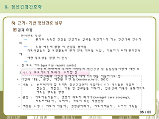 1. 정신건강간호학

5) 근거 - 기반 정신간호 실무
결과 측정
- 환자만족 측정
환자의 독특한 전망을 반영하는 결과를 측정하고자 하는 임상가와 연구자
의
소망 때문에 점점 더 관심을 받아옴
치료시설들도 질 보장활동의 환자 만족 자료를 수집 , 이용하기 위해 환자만족
에
대한 중요성을 점점 더 인식
- 질 보고 카드 (quailty report cards)
학술적 협력자와 유사한 사람들의 정신건강 및 물질남용사업에 대한 보
고카드가 보고카드가 토의시 고려할 점
사업성취와 사업상 문제점에 대해 피드백을 제공하기도 함
▪ 사업의 내용 , 관점 , 예정된 고객 등 (Manderscheid, 2001)
- 내용 :

논의되어야 할 주제로 정신건강관리 사업에서 보고 카드들은 사업의
접근성 , 적절성 , 비용 및 결과들을 다루며 , 접근성과 비용은 공통적으로
다루는 항목을 말함

- 관점 : 치료비용지불자 , 경영적 의료리 회사나 (managed care company),
치료비제공자 , 소비자 , 가족이 보는 사업전망
- 예정된 고객 : 치료비 지불자 , 경영관리회사 , 치료비제공자 , 소비자 가족들
35 / 65

 