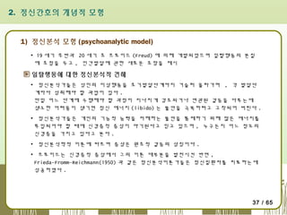 2. 정신간호의 개념적 모형

1) 정신분석 모형 (psychoanalytic model)
▪ 19 세기 후반과 20 세기 초 프로이드 (Freud) 에 의해 개발되었으며 일탈행동의 본질
에 초점을 두고 , 인간발달에 관한 새로운 조망을 제시

일탈행동에 대한 정신분석적 견해
▪ 정신분석가들은 성인의 이상행동을 초기발달단계까지 거슬러 올라가며 , 각 발달단
계마다 성취해야 할 과업이 있다 .
만일 어느 단계에 수행해야 할 과정이 지나치게 강조되거나 연관된 갈등을 다루는데
생소한 어려움이 생기면 정신 에너지 (libido) 는 불안을 극복하려고 고착되어 버린다 .
▪ 정신분석가들은 개인의 기능적 능력을 저해하는 불안을 통제하기 위해 많은 에너지를
투입되어야 할 때에 신경증적 증상이 야기된다고 믿고 있으며 , 누구든지 어느 정도의
신경증을 가지고 있다고 본다 .
▪ 정신분석학적 이론에 따르며 증상은 원초적 갈등의 상징이다 .
▪ 프로이드는 신경증적 증상에서 그의 이론 대부분을 발전시킨 반면 ,
Frieda-Fromm-Reichmann(1950) 과 같은 정신분석이론가들은 정신질환자를 치료하는데
성공하였다 .

37 / 65

 