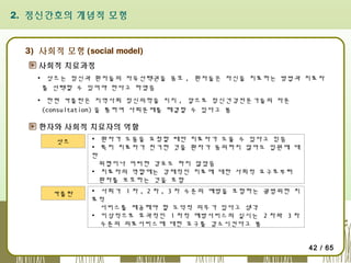 2. 정신간호의 개념적 모형

3) 사회적 모형 (social model)
사회적 치료과정
▪ 삿즈는 정신과 환자들의 자유선택권을 옹호 , 환자들은 자신을 치료하는 방법과 치료자
를 선택할 수 있어야 한다고 하였음
▪ 한편 카플란은 지역사회 정신의학을 지지 , 앞으로 정신건강전문가들의 자문
(consultation) 을 통하여 사회문제를 해결할 수 있다고 봄

환자와 사회적 치료자의 역할
삿즈

▪ 환자가 도움을 요청할 때만 치료자가 도울 수 있다고 믿음
▪ 특히 치료자가 천거한 것을 환자가 동의하지 않아도 입원에 대
한
위협이나 어떠한 강요도 하지 않았음
▪ 치료자의 역할에는 강제적인 치료에 대한 사회적 요구로부터
환자를 보호하는 것을 포함

카플란

▪ 사회가 1 차 , 2 차 , 3 차 수준의 예방을 포함하는 광범위한 치
료적
서비스를 제공해야 할 도덕적 의무가 있다고 생각
▪ 이상적으로 효과적인 1 차적 예방서비스의 실시는 2 차와 3 차
수준의 의료서비스에 대한 요구를 감소시킨다고 봄
42 / 65

 