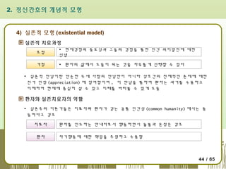 2. 정신간호의 개념적 모형

4) 실존적 모형 (existential model)
실존적 치료과정
초점

▪ 현재경험의 중요성과 그들의 경험을 통한 인간 의미발전에 대한
신념

가정

▪ 환자의 삶에서 도움이 되는 것을 자유롭게 선택할 수 있다

▪ 실존적 만남이란 단순한 두세 사람의 만남만이 아니라 상호간의 전체적인 존재에 대한
진가 인정 (appreciation) 에 참여함이며 , 이 만남을 통하여 환자는 과거를 수용하고
이해하며 현재에 충실히 살 수 있고 미래를 바라볼 수 있게 도움

환자와 실존치료자의 역할
▪ 실존주의 이론가들은 치료자와 환자가 갖는 공통 인간성 (common humanity) 에서는 동
등하다고 강조
치료자
환자

환자를 인도하는 안내자로서 행동하면서 돌봄과 온정은 강조
자기행동에 대한 책임을 추정하고 수용함

44 / 65

 