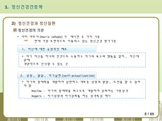 1. 정신건강간호학

2) 정신건강과 정신질환
정신건강의 기준
▪ 마리 야호다 (Marie Jahoda) 가 제시한 6 가지 기준
현재 가장 보편적으로 이용되고 있는 정신건강 평가기준
1. 자신에 대한 긍정적인 태도
▪ 자기 자신을 하나의 인간으로 수용하고 자기의 욕구와 행동을 알며 , 자신에
관해
객관적으로 인식할 수 있는 것

2. 성장 , 발달 , 자기실현 (self-actualization)
▪ 자기의 잠재력을 개발하여 실현하고 새로운 성장과 발달 , 도전을 할 수 있어
야 함
Maslow - 자기의 잠재력을 최고도로 개발하여 성취하는 기본성격
Rogers - 자기성장과 자기성취를 하는 성격특성 제시

5 / 65

 