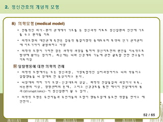 2. 정신간호의 개념적 모형

8) 의학모형 (medical model)
▪ 전통적인 의사 - 환자 관계에서 기초를 둔 정신과적 치료로 정신질환의 진단에 기초
를 두고 환자를 치료
▪ 의학모형의 대인관계 측면은 집중적 통찰지향적 중재로부터 투약의 단기 관여관리
에 이르기까지 광범위하고 다양
▪ 의학적 모형이 기여한 점은 과학적 과정을 통하여 정신지로한의 원인을 지속적으로
탐색해 왔다는 점이며 , 최근에는 뇌와 신경계의 기능에 관한 괄목할 만한 연구들이
이루어짐

일탈행동에 대한 의학적 견해
▪ 의학적 모형에서는 모든 정신과정 , 가장복합적인 심리과정까지도 뇌의 작용이고
일탈행동을 뇌 장애의 한 증상이라고 본다 .
▪ 뇌장애의 여러 가지 모양 - 신경세포의 상실 , 화학적 전달물질의 과잉이나 부족 ,
뇌순환의 이상 , 명령센터의 문제 , 그리고 신경경로를 통한 메시지 전달에서의 붕
괴 (disruptions)- 이 정신질환이 될 수 있다 .
▪ 의학적 모형은 유전자들과 유전자들의 조합이 행동조절에 중요한 역할을 한다고 제
안한다 .

52 / 65

 