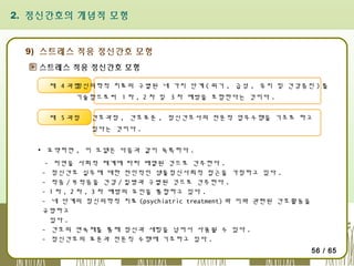 2. 정신간호의 개념적 모형

9) 스트레스 적응 정신간호 모형
스트레스 적응 정신간호 모형
정신의학적 치료의 구별된 네 가지 단계 ( 위기 , 급성 , 유지 및 건강증진 ) 를
제 4 과정
기술함으로써 1 차 , 2 차 및 3 차 예방을 포함한다는 것이다 .
제 5 과정

간호과정 , 간호표준 , 정신간호사의 전문적 업무수행을 기초로 하고
있다는 것이다 .

▪ 요약하면 , 이 모델은 다음과 같이 독특하다 .
- 자연을 사회적 체계에 따라 배열된 것으로 간주한다 .
- 정신간호 실무에 대한 전인적인 생물정신사회적 접근을 가정하고 있다 .
- 적응 / 부적응을 건강 / 질병과 구별된 것으로 간주한다 .
- 1 차 , 2 차 , 3 차 예방의 요인을 통합하고 있다 .
- 네 단계의 정신의학적 치료 (psychiatric treatment) 와 이와 관련된 간호활동을
규명하고
있다 .
- 간호의 연속체를 통해 정신과 세팅을 넘어서 사용될 수 있다 .
- 정신간호의 표준과 전문직 수행에 기초하고 있다 .
56 / 65

 