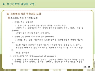 2. 정신간호의 개념적 모형

9) 스트레스 적응 정신간호 모형
스트레스 적응 정신간호 모형
- 긴장을 주는 생활사건
: 건강 - 간호 문헌에서 많은 관심을 받아온 스트레스 요인
긴장이 되는 생활사건과 여러 가지의 정신과적 질병의 원인 , 발생 , 과정 및
결과와의
관계가 많은 연구의 초점이 되어 왔다 .
- 생활의 긴장 (life strain) 과 난국 (hassles)
: 긴장을 주는 생활 - 사건이론은 중요한 삽화적 사건에 반응한 변화의 개념에
기초
사소한 매일의 난관이나 긴장이 기분이나 건강에 더 큰 영향을 줄 수 있다 .
부적절한 때에 너무 많은 스트레스는 개인에게 지나친 요구를 하게 되고 통합
된
기능을 방해한다 .
▪ 스트레스원에 대한 평가 (appraisal of stressor)
- 긴강되는 상황에 대한 의미를 정하고 , 긴장되는 상황이 개인에게 미치는 영향을
이해하는 것이며 인지적 , 정서적 , 생리적 , 행동적 및 사회적 반응을 포함한
다.
58 / 65

 