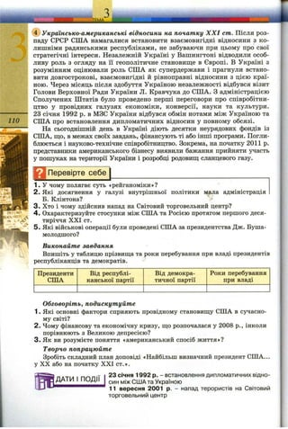 110
(ї) Українсько-американські відносини на початку XXI cm. Після роз­
паду СРСР США намагалися встановити взаємовигідні відносини з ко­
лишніми радянськими республіками, не забуваючи при цьому про свої
стратегічні інтереси. Незалежній Україні у Вашингтоні відводили особ­
ливу роль з огляду на її геополітичне становиш;е в Європі. В Україні з
розумінням оцінювали роль США як супердержави і прагнули встано­
вити довгострокові, взаємовигідні й рівноправні відносини з цією краї­
ною. Через місяць після здобуття Україною незалежності відбувся візит
Голови Верховної Ради України Л. Кравчука до США. З адміністрацією
Сполучених Штатів було проведено перші переговори про співробітни­
цтво у провідних галузях економіки, конверсії, науки та культури.
23 січня 1992 р. в МЗС України відбувся обмін нотами між Україною та
США про встановлення дипломатичних відносин у повному обсязі.
На сьогоднішній день в Україні діють десятки неурядових фондів із
США, ш;о, в межах своїх завдань, фінансують ті або інші програми. Погли­
блюється і науково-технічне співробітництво. Зокрема, на початку 2011 р.
представники американського бізнесу виявили бажання прийняти участь
у пошуках на території України і розробці родовищ; сланцевого газу.
Ц Перевірте себе
1. У чому полягає суть «рейганоміки»?
2. Які досягнення у галузі внутрішньої політики мала адміністрація
Б. Клінтона? '
3. Хто і чому здійснив напад на Світовий торговельний центр?
4. Охарактеризуйте стосунки між США та Росією протягом першого деся­
тиріччя XXI ст.
5. Які військові операції були проведені США за президентства Дж. Буша-
молодшого?
Виконайте завдання
Впишіть у таблицю прізвища та роки перебування при владі президентів
республіканців та демократів.
Президенти
США
Від республі­
канської партії
Від демокра­
тичної партії
Роки перебування
при владі
Обговоріть, подискутуйте
1. Які основні фактори сприяють провідному становищу США в сучасно­
му світі?
2. Чому фінансову та економічну кризу, що розпочалася у 2008 p., інколи
порівнюють з Великою депресією?
3. Як ви розумієте поняття «американський спосіб життя»?
Творчо попрацюйте
Зробіть складний план доповіді «Найбільш визначний президент США...
у XX або на початку XXI ст.».
ДАТИ І ПОДІЇ
23 січня 1992 р. - встановлення дипломатичних відно­
син між США та Україною
11 вересня 2001 р. - напад терористів на Світовий
торговельний центр
 