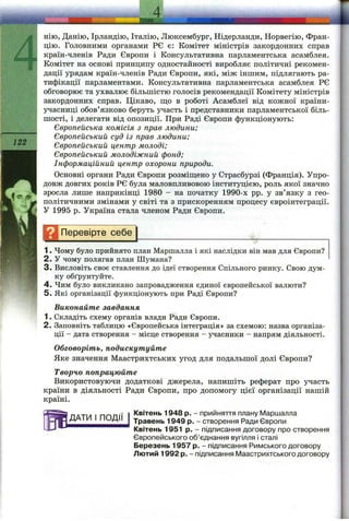 122
ТЕМА.
нію, Данію, Ірландію, Італію, Люксембург, Нідерланди, Норвегію, Фран­
цію. Головними органами РЄ є: Комітет міністрів закордонних справ
країн-членів Ради Європи і Консультативна парламентська асамблея.
Комітет на основі принципу одностайності виробляє політичні рекомен­
дації урядам країн-членів Ради Європи, які, між іншим, підлягають ра­
тифікації парламентами. Консультативна парламентська асамблея РЄ
обговорює та ухвалює більшістю голосів рекомендації Комітету міністрів
закордонних справ. Цікаво, ш;о в роботі Асамблеї від кожної країни-
учасниці обов’язково беруть участь і представники парламентської біль­
шості, і делегати від опозиції. При Раді Європи функціонують:
Європейська комісія з прав людини;
Європейський суд із прав людини;
Європейський центр молоді;
Європейський молодіжний фонд;
Інформаційний центр охорони природи.
Основні органи Ради Європи розміш;ено у Страсбурзі (Франція). Упро­
довж довгих років РЄ була маловпливовою інституцією, роль якої значно
зросла лише наприкінці 1980 - на початку 1990-х pp. у зв’язку з гео-
політичними змінами у світі та з прискоренням процесу євроінтеграції.
У 1995 р. Україна стала членом Ради Європи.
Перевірте себе
1. Чому було прийнято план Маршалла і які наслідки він мав для Європи?
2. У чому полягав план Шумана?
3 . Висловіть своє ставлення до ідеї створення Спільного ринку. Свою дум­
ку обґрунтуйте.
4 . Чим було викликано запровадження єдиної європейської валюти?
5. Які організації функціонують при Раді Європи?
Виконайте завдання
1. Складіть схему органів влади Ради Європи.
2. Заповніть таблицю «Європейська інтеграція» за схемою: назва організа­
ції - дата створення - місце створення - учасники - напрям діяльності.
Обговоріть, подискутуйте
Яке значення Маастрихтських угод для подальшої долі Європи?
Творчо попрацюйте
Використовуючи додаткові джерела, напишіть реферат про участь
країни в діяльності Ради Європи, про допомогу цієї організації нашій
країні.
ДАТИ І ПОДІЇ
Квітень 1948 р. - прийняття плану Маршалла
Травень 1949 р. - створення Ради Європи
Квітень 1951 р. - підписання договору про створення
Європейського об’єднання вугілля і сталі
Березень 1957 р. - підписання Римського договору
Лютий 1992 р. - підписання Маастрихтського договору
 