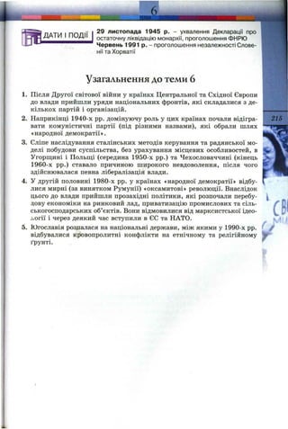 ДАТИ I ПОДІЇ
29 листопада 1945 р. - ухвалення Декларації про
остаточну ліквідацію монархії, проголошення ФНРЮ
Червень 1991 р. - проголошення незалежності Слове­
нії та Хорватії
Узагальнення до теми 6
1. Після Другої світової війни у країнах Центральної та Східної Європи
до влади прийшли уряди національних фронтів, які складалися з де­
кількох партій і організацій.
2. Наприкінці 1940-х pp. домінуючу роль у цих країнах почали відігра­
вати комуністичні партії (під різними назвами), які обрали шлях
«народної демократії».
3. Сліпе наслідування сталінських методів керування та радянської мо­
делі побудови суспільства, без урахування місцевих особливостей, в
Угорщ;ині і Польш;і (середина 1950-х pp.) та Чехословаччині (кінець
1960-х pp.) ставало причиною широкого невдоволення, після чого
здійснювалася певна лібералізація влади.
4. У другій половині 1980-х pp. у країнах «народної демократії» відбу­
лися мирні (за винятком Румунії) «оксамитові» революції. Внаслідок
цього до влади прийшли прозахідні політики, які розпочали перебу­
дову економіки на ринковий лад, приватизацію промислових та сіль­
ськогосподарських об’єктів. Вони відмовилися від марксистської ідео-
j.orii і через деякий час вступили в ЄС та НАТО.
5. Югославія розпалася на національні держави, між якими у 1990-х pp.
відбувалися кровопролитні конфлікти на етнічному та релігійному
ґрунті.
215
г
 