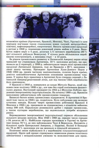 I
економіки країнах (Аргентині, Бразилії, Мексиці, Чилі, Уругваї) із цим
періодом пов’язане також становлення нових галузей: металургійної,
хімічної, нафтопереробної, енергетичної. Випуск промислової продукції
в регіоні в 1958 р. перевищив довоєнний рівень майже в З рази. Видо­
буток нафти виріс в 4 рази, досягши 1/5 світового виробництва (80 %
цієї кількості добувала Венесуела). У кілька разів збільшилося вироб­
ництво електроенергії, а виплавка сталі - в 13 разів.
За рівнем промислового розвитку в Латинській Америці перше місце
тривалий час утримувала Аргентина. 10 % населення регіону, ш;о про­
живали на її території, у 1950 р. забезпечували чверть всієї промислової
продукції Латинської Америки, тоді як Бразилія з ЗО% населення -
лише шосту частину. Президент Аргентини Хуан-Домінго Перон у
1946-1955 pp. провів часткову націоналізацію, сплатив борги країни,
домігся самозабезпечення Аргентини основними промисловими това­
рами. У період його правління в Аргентині було створено перший у Ла­
тинській Америці реактивний літак, але під тиском СІЛА виробництво
його припинили.
У Бразилії в 1950 р. повернувся до влади Жетуліо Варгас, який від­
новив свою політику 1930-х pp., але вже без спроб копіювання фашист­
ських держав. Наступний президент (із 1955 р.) Жуселіно Кубічек про­
довжив імпортзамінну індустріалізацію. На початку 1960-х pp. Бразилія
наполовину забезпечувала себе промисловими товарами.
Виникло багато нових промислових підприємств. В Аргентині й Бра­
зилії їхнє число за 1940-і pp. подвоїлося. Було побудовано ряд великих
сучасних заводів. Більше чверті промислових робітників Бразилії й
Мексики в 1950-і pp. працювали на підприємствах з кількістю зайнятих
понад 500 осіб. Паралельно розвивалося дрібне і середнє промислове,
а також кустарне виробництва, щ;о задовольняло потреби місцевого
ринку.
Впровадження імпортзамінної індустріалізації сприяло збільшенню
кількості міських жителів. Між 1940 і 1960 pp. середнє число городян
з 34 досягло 46 %. Найбільше городян проживало в Уругваї та Арген­
тині (понад 70 %), до них наближалися Чилі й Венесуела. Натомість у
більшості країн Центральної Америки, у Парагваї, Болівії й Еквадорі
від 70 до 90 % населення усе ще мешкало в сільській місцевості.
Позитивні зміни відбувалися й у виробництві сільськогосподарської
продукції. Проте цей процес стримувався невисоким рівнем технічного
забезпечення і незадовільними умовами та можливостями для праці.
217
 