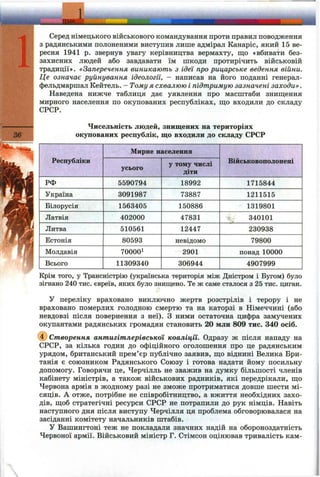 JME
Серед німецького військового командування проти правил поводження
з радянськими полоненими виступив лише адмірал Канаріс, який 15 ве­
ресня 1941 р. звернув увагу керівництва вермахту, що «вбивати без­
захисних людей або завдавати їм шкоди нротирічить військовій
традиції». «Заперечення виникають з ідеї про рицарське ведення війни.
Це означає руйнування ідеології, - написав на його поданні генерал-
фельдмаршал Кейтель. - Тому я схвалюю і підтримую зазначені заходи».
Наведена нижче таблиця дає уявлення про масштаби знищ;ення
мирного населення по окупованих республіках, що входили до складу
СРСР.
Чисельність людей, знищених на територіях
окупованих республік, що входили до складу СРСР
Республіки
РФ
Україна
Білорусія
Латвія
Литва
Естонія
Молдавія
Всього
Мирне населення
усього
5590794
3091987
1563405
402000
510561
80593
70000І
11309340
у тому числі
діти
18992
73887
150886
47831
12447
невідомо
2901
306944
Військовополонені
1715844
1211515
1319801
340101
230938
79800
понад 10000
4907999
Крім того, у Трансністрію (українська територія між Дністром і Бугом) було
зігнано 240 тис. євреїв, яких було знищено. Те ж саме сталося з 25 тис. циган.
У переліку враховано виключно жертв розстрілів і терору і не
враховано померлих голодною смертю та на каторзі в Німеччині (або
невдовзі після повернення з неї). З ними остаточна цифра замучених
окупантами радянських громадян становить 20 млн 809 тис. 340 осіб.
@ Створення антигітлерівської коаліції. Одразу ж після нападу на
СРСР, за кілька годин до офіційного оголошення про це радянським
урядом, британський прем’єр публічно заявив, що віднині Велика Бри­
танія є союзником Радянського Союзу і готова надати йому посильну
допомогу. Говорячи це, Черчілль не зважив на думку більшості членів
кабінету міністрів, а також військових радників, які передрікали, що
Червона армія в жодному разі не зможе протриматися довше шести мі­
сяців. А отже, потрібне не співробітництво, а вжиття необхідних захо­
дів, щоб стратегічні ресурси СРСР не потрапили до рук німців. Навіть
наступного дня після виступу Черчілля ця проблема обговорювалася на
засіданні комітету начальників штабів.
У Вашингтоні теж не покладали значних надій на обороноздатність
Червоної армії. Військовий міністр Г. Стімсон оцінював тривалість кам­
 