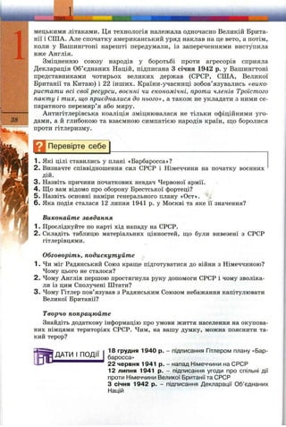 38
m
rma: ,«ямЕКпм^^:
мецькими літаками. Ця технологія належала одночасно Великій Брита­
нії і США. Але спочатку американський уряд наклав на це вето, а потім,
коли у Вашингтоні нарешті передумали, із запереченнями виступила
вже Англія.
Зміцненню союзу народів у боротьбі проти агресорів сприяла
Декларація Об’єднаних Націй, підписана З січня 1942 р. у Вашингтоні
представниками чотирьох великих держав (СРСР, США, Великої
Британії та Китаю) і 22 інших. Країни-учасниці зобов’язувались «вико­
ристати всі свої ресурси, воєнні чи економічні, проти членів Троїстого
пакту і тих, що приєдналися до нього», а також не укладати з ними се­
паратного перемир’я або миру.
Антигітлерівська коаліція зміцнювалася не тільки офіційними уго­
дами, а й глибокою та взаємною симпатією народів країн, ш;о боролися
проти гітлеризму.
І Д Перевірте себе
1. Які цілі ставились у плані «Барбаросса»?
2. Визначте співвідношення сил СРСР і Німеччини на початку воєнних
дій.
3. Назвіть причини початкових невдач Червоної армії.
4. Що вам відомо про оборону Брестської фортеці?
5. Назвіть основні наміри генерального плану «Ост». ' ,
6. Яка подія сталася 12 липня 1941 р. у Москві та яке її значення?
Виконайте завдання
1. Прослідкуйте по карті хід нападу на СРСР.
2. Складіть таблицю матеріальних цінностей, ш;о були вивезені з СРСР
гітлерівцями.
Обговоріть, подискутуйте
1. Чи міг Радянський Союз краще підготуватися до війни з Німеччиною?
Чому цього не сталося?
2. Чому Англія першою простягнула руку допомоги СРСР і чому зволіка­
ли із цим Сполучені Штати?
3. Чому Гітлер пов’язував з Радянським Союзом небажання капітулювати
Великої Британії?
Творчо попрацюйте
Знайдіть додаткову інформацію про умови життя населення на окупова­
них німцями територіях СРСР. Чим, на вашу думку, можна пояснити та­
кий терор?
ДАТИ І ПОДІЇ
18 грудня 1940 р. - підписання Гітлером плану «Бар­
баросса»
22 червня 1941 р. - напад Німеччини на СРСР
12 липня 1941 р. - підписання угоди про спільні дії
проти Німеччини Великої Британії та СРСР
З січня 1942 р. - підписання Декларації Об’єднаних
Націй
 