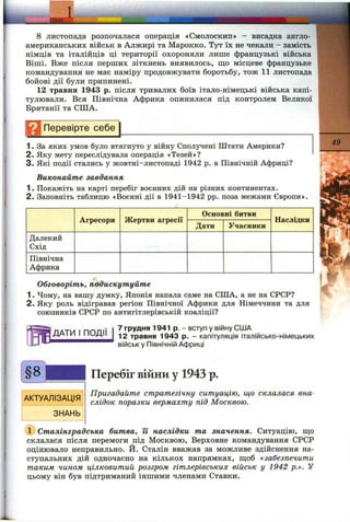 8 листопада розпочалася операція «Смолоскип» - висадка англо-
американських військ в Алжирі та Марокко. Тут їх не чекали - замість
німців та італійців ці території охороняли лише французькі війська
Віші. Вже після перших зіткнень виявилось, ШІО місцеве французьке
командування не має наміру продовжувати боротьбу, тож 11 листопада
бойові дії були припинені.
12 травня 1943 р. після тривалих боїв італо-німецькі війська капі­
тулювали. Вся Північна Африка опинилася під контролем Великої
Британії та США.
Ц Перевірте себе
1. За яких умов було втягнуто у війну Сполучені Штати Америки?
2 . Яку мету переслідувала операція «Тезей»?
3 . Які події стались у жовтні-листопаді 1942 р. в Північній Африці?
Виконайте завдання
1. Покажіть на карті перебіг воєнних дій на різних континентах.
2. Заповніть таблицю «Воєнні дії в 1941-1942 pp. поза межами Європи».
Далекий
Схід
Північна
Африка
Агресори Жертви агресії
Основні битви
Дати Учасники
Наслідки
Обговоріть, подискутуйте
1. Чому, на вашу думку, Японія напала саме на США, а не на СРСР?
2. Яку роль відігравав регіон Північної Африки для Німеччини та для
союзників СРСР по антигітлерівській коаліції?
49
ЛДТИ І ППЛІЇ І 7 грудня 1941 р. - вступ у війну США
12 травня 1943 р. - капітуляція італіі^сько-німецьких
військ у Північній Африці
АКТУАЛІЗАЦІЯ
ЗНАНЬ
Перебіг війни у 1943 р.
Пригадайте стратегічну ситуацію, що склалася вна­
слідок поразки вермахту під Москвою.
(D Стаяінградська битва, її наслідки та значення. Ситуацію, ш;о
склалася після перемоги під Москвою, Верховне командування СРСР
оцінювало неправильно. Й. Сталін вважав за можливе здійснення на­
ступальних дій одночасно на кількох напрямках, ш;об «забезпечити
таким чином цілковитий розгром гітлерівських військ у 1942 р.». У
цьому він був підтриманий іншими членами Ставки.
 