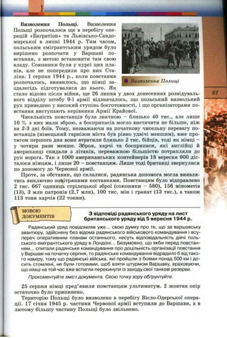 Визволення Польщі. Визволення
Польщі розпочалося ще в перебігу опе­
рацій «Багратіон» та Львівсько-Сандо-
мирської в липні 1944 р. Тим часом,
польським емігрантським урядом було
вирішено розпочати у Варшаві по­
встання, з метою встановити там свою
владу. Союзники були у курсі цих пла­
нів, але не попередили про них Ста­
ліна. 1 серпня 1944 p., коли повстання
розпочалось, виявилось, що німці за­
здалегідь підготувалися до нього. Як
стало відомо після війни, ще 26 липня у двох донесеннях розвідуваль­
ного відділу штабу 9-ї армії відзначалось, що польський визвольний
рух приведено у високий ступінь боєготовності, і що організаторами по­
встання виступають керівники Армії Крайової.
Чисельність повстанців була значною - близько 40 тис., але лише
10 % з них мали зброю, а боєприпасів могло вистачити не більше, ніж
на 2-3 дні боїв. Тому, незважаючи на початкову чисельну перевагу по­
встанців (німецький гарнізон міста був рівно удвічі меншим), вже про­
тягом першого дня вони втратили близько 2 тис. бійців, тоді як німці -
у чотири рази менше. Зброя, харчі та боєприпаси, які англійці й
американці скидали з літаків, переважною більшістю потрапляли до
рук ворога. Так з 1000 американських контейнерів 18 вересня 900 діс­
талося німцям, і лише 20 - повстанцям. Лише тоді британці звернулися
по допомогу до Червоної армії.
Проте, за обставин, що склалися, радянська допомога могла виявля­
тись виключно повітряними поставками. Повстанцям було відправлено
2 тис. 667 одиниць стрілецької зброї (союзники - 580), 156 мінометів
(13), З млн патронів (2,7 млн), 100 тис. мін і гранат (13 тис.), а також
113 тонн харчів (22 тонни).
^ J M I Z Z ..................... — «
МОВОЮ
ДОКУМЕНТІВ
J
З відповіді радянського уряду на лист
британського уряду від 5 вересня 1944 р.
Радянський уряд повідомляв уже... свою думку про те, що за варшавську
авантюру, здійснену без відома радянського військового командування і всу­
переч оперативним планам останнього, несуть відповідальність діячі поль­
ського емігрантського уряду в Лондоні... Безумовно, що якби перед повстан­
ням... спитали радянське командування про доцільність організації повстання
у Варшаві на початку серпня, то радянське командування відрадило б від тако­
го наміру, тому що радянські війська, які пройшли з боями понад 500 км і до­
сить стомлені, не були готовими, щоб взяти штурмом Варшаву, враховуючи,
що німці на той час вже встигли перекинути із заходу свої танкові резерви.
Прокоментуйте змістдокумента. Свою точкузору обґрунтуйте.
25 серпня німці пред’явили повстанцям ультиматум. 2 жовтня опір
остаточно було припинено.
Територію Польщі було визволено в перебігу Вісло-Одерської опера­
ції. 17 січня 1945 р. частини Червоної армії вступили до Варшави, а в
лютому більшу частину Польщі було звільнено.
67
L
 
