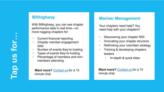 Billhighway Mariner Management
• Current financial reporting
• Chapter member engagement
data
• Number of events they’re h...