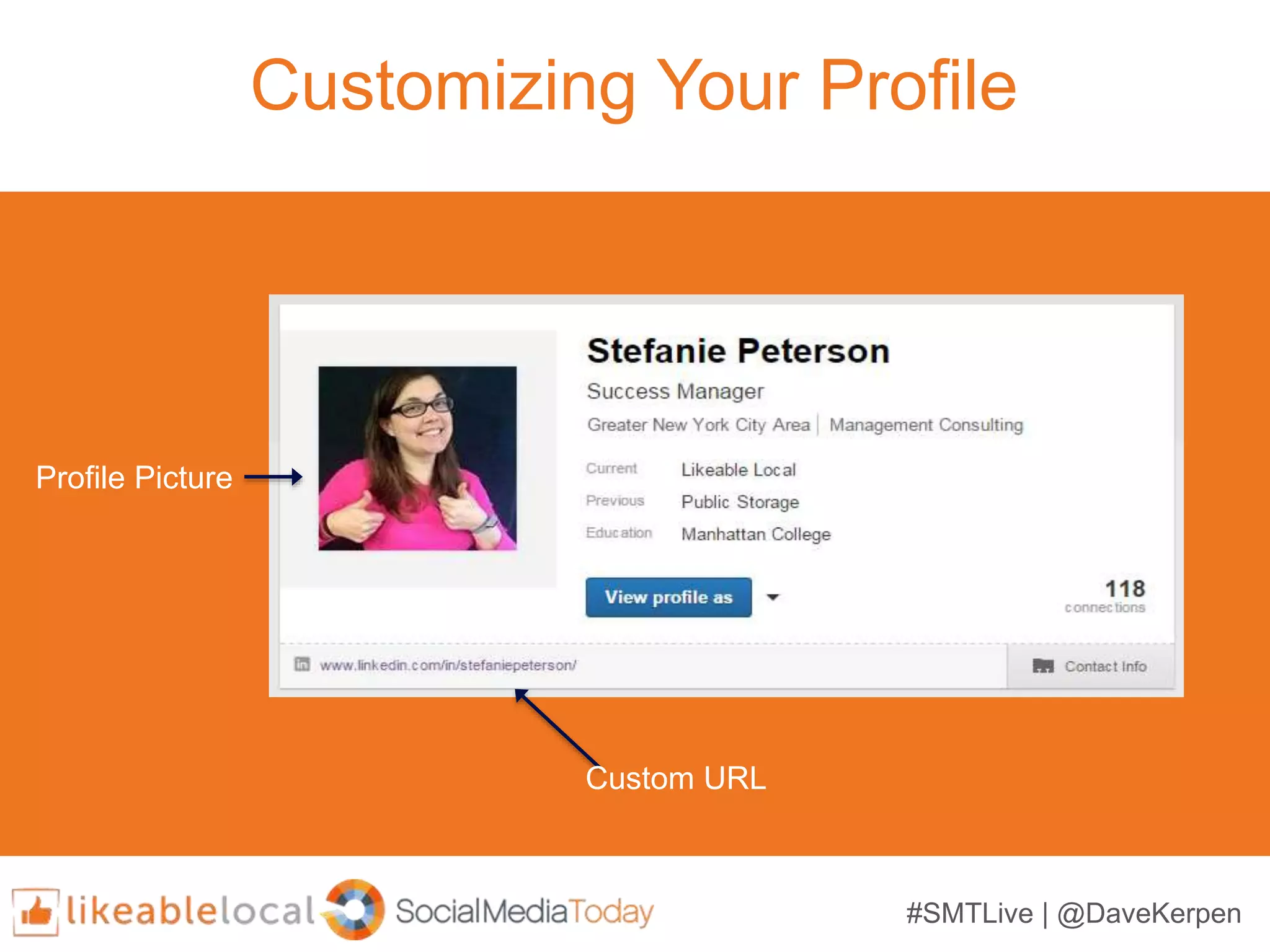 #SMTLive | @DaveKerpen
Customizing Your Profile
Custom URL
Profile Picture
 