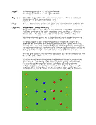 Players 
Assuming squad size of 10, 5 V 5 game format 
Assuming squad size of 12, 6 V 6 game format 
Play Area: 
30m x 20m (suggestion only – use whatever space you have available, for 
smaller groups a much smaller area is fine) 
Setup: 
8 cones 4 cones setup 2 x 2m wide goals and 4 cones to mark up field, 1 Ball 
Objective: 
The Standard Game (10 Minutes) 
This game will be played with your clubs standard competition age related 
rules and formats that has been emailed to you by your Age Coordinator. 
Please refer to this document and become familiar with these rules. 
To complement this game, the clubs philosophy should also be referenced. 
we encourage free play and emphasis the development of teamwork 
between the teams and allow the players to learn and express themselves, 
minimal instructions from coaches but please encourage shorter passing and 
no booting or clearing it. Team must stay within the game area and should the 
ball go out, the ball is played in with a short kick-in by the other team. 
When a goal is scored, the team that conceded a goal will recommence from 
the centre of the pitch. 
Coaches should observe the game and commend players in possession for 
protecting the ball, looking up for passing options, getting into spaces to 
receive the ball & completed passes. Commend defending team for 
anticipating passes, clean dispossessions of the ball. Discourage “panic” 
actions such as kicking the ball into the shins of an approaching defender. 
 