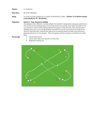 Players 
4 – 8 players 
Play Area 
8m X 8m (flexible) 
Setup 
8 cones 4 cones paired up 1m apart as illustrated, 2 balls. Games 1 & 2 will be running 
concurrently for 10 - 20 minutes 
Objective 
Game 2 - Pass, Receive & dribble 
Two players from different corners dribble the ball from diagonally opposed positions to 
the centre of the playing area. Once they reach the centre, they pass the ball on the 
run toward a team-mate waiting behind the goal to their left side. Then the receiver 
dribbles around a cone (as illustrated) towards the centre and passes the ball to the 
goal on their left side. Intensify the game by increasing speed of play and switching 
passing directions to the players Play the game until you observe confidence in their 
play 
Encourage • Close ball control 
• Use of both feet and all parts of their feet 
• Regularly looking up 
 