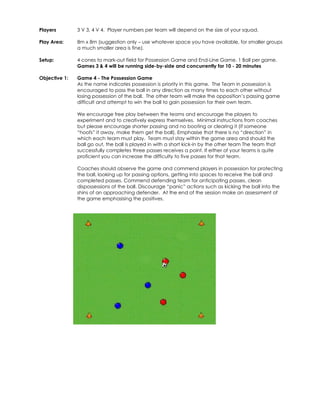 Players 
3 V 3, 4 V 4. Player numbers per team will depend on the size of your squad. 
Play Area: 
8m x 8m (suggestion only – use whatever space you have available, for smaller groups 
a much smaller area is fine). 
Setup: 
4 cones to mark-out field for Possession Game and End-Line Game. 1 Ball per game. 
Games 3 & 4 will be running side-by-side and concurrently for 10 - 20 minutes 
Objective 1: 
Game 4 - The Possession Game 
As the name indicates possession is priority in this game. The Team in possession is 
encouraged to pass the ball in any direction as many times to each other without 
losing possession of the ball. The other team will make the opposition’s passing game 
difficult and attempt to win the ball to gain possession for their own team. 
We encourage free play between the teams and encourage the players to 
experiment and to creatively express themselves. Minimal instructions from coaches 
but please encourage shorter passing and no booting or clearing it (if someone 
“hoofs” it away, make them get the ball). Emphasise that there is no “direction” in 
which each team must play. Team must stay within the game area and should the 
ball go out, the ball is played in with a short kick-in by the other team The team that 
successfully completes three passes receives a point. If either of your teams is quite 
proficient you can increase the difficulty to five passes for that team. 
Coaches should observe the game and commend players in possession for protecting 
the ball, looking up for passing options, getting into spaces to receive the ball and 
completed passes. Commend defending team for anticipating passes, clean 
dispossessions of the ball. Discourage “panic” actions such as kicking the ball into the 
shins of an approaching defender. At the end of the session make an assessment of 
the game emphasising the positives. 
 