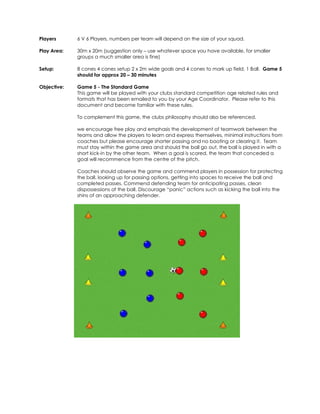 Players 
6 V 6 Players, numbers per team will depend on the size of your squad. 
Play Area: 
30m x 20m (suggestion only – use whatever space you have available, for smaller 
groups a much smaller area is fine) 
Setup: 
8 cones 4 cones setup 2 x 2m wide goals and 4 cones to mark up field, 1 Ball. Game 5 
should for approx 20 – 30 minutes 
Objective: 
Game 5 - The Standard Game 
This game will be played with your clubs standard competition age related rules and 
formats that has been emailed to you by your Age Coordinator. Please refer to this 
document and become familiar with these rules. 
To complement this game, the clubs philosophy should also be referenced. 
we encourage free play and emphasis the development of teamwork between the 
teams and allow the players to learn and express themselves, minimal instructions from 
coaches but please encourage shorter passing and no booting or clearing it. Team 
must stay within the game area and should the ball go out, the ball is played in with a 
short kick-in by the other team. When a goal is scored, the team that conceded a 
goal will recommence from the centre of the pitch. 
Coaches should observe the game and commend players in possession for protecting 
the ball, looking up for passing options, getting into spaces to receive the ball and 
completed passes. Commend defending team for anticipating passes, clean 
dispossessions of the ball. Discourage “panic” actions such as kicking the ball into the 
shins of an approaching defender. 
 