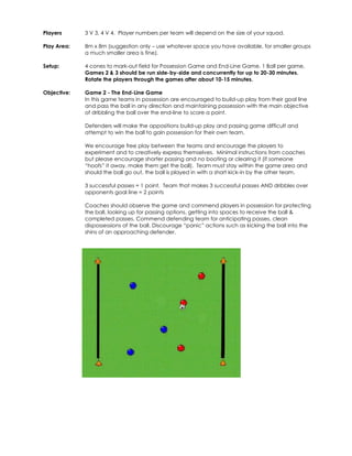 Players 
3 V 3, 4 V 4. Player numbers per team will depend on the size of your squad. 
Play Area: 
8m x 8m (suggestion only – use whatever space you have available, for smaller groups 
a much smaller area is fine). 
Setup: 
4 cones to mark-out field for Possession Game and End-Line Game. 1 Ball per game, 
Games 2 & 3 should be run side-by-side and concurrently for up to 20-30 minutes. 
Rotate the players through the games after about 10-15 minutes. 
Objective: 
Game 2 - The End-Line Game 
In this game teams in possession are encouraged to build-up play from their goal line 
and pass the ball in any direction and maintaining possession with the main objective 
of dribbling the ball over the end-line to score a point. 
Defenders will make the oppositions build-up play and passing game difficult and 
attempt to win the ball to gain possession for their own team. 
We encourage free play between the teams and encourage the players to 
experiment and to creatively express themselves. Minimal instructions from coaches 
but please encourage shorter passing and no booting or clearing it (if someone 
“hoofs” it away, make them get the ball). Team must stay within the game area and 
should the ball go out, the ball is played in with a short kick-in by the other team. 
3 successful passes = 1 point. Team that makes 3 successful passes AND dribbles over 
opponents goal line = 2 points 
Coaches should observe the game and commend players in possession for protecting 
the ball, looking up for passing options, getting into spaces to receive the ball & 
completed passes. Commend defending team for anticipating passes, clean 
dispossessions of the ball. Discourage “panic” actions such as kicking the ball into the 
shins of an approaching defender. 
 