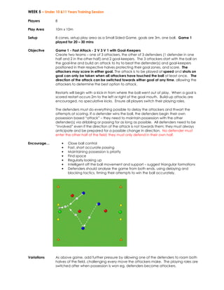WEEK 5 – Under 10 &11 Years Training Session 
Players 
8 
Play Area 
10m x 10m 
Setup 
8 cones, setup play area as a Small Sided Game, goals are 3m, one ball. Game 1 
played for 20 – 30 mins 
Objective 
Game 1 - Fast Attack - 2 V 3 V 1 with Goal-Keepers 
Create two teams – one of 3 attackers, the other of 3 defenders (1 defender in one 
half and 2 in the other half) and 2 goal-keepers. The 3 attackers start with the ball on 
the goal-line and build an attack to try to beat the defender(s) and goal-keepers 
positioned in their respective halves protecting their goal zones, and score. The 
attackers may score in either goal. The attack is to be played at speed and shots on 
goal can only be taken when all attackers have touched the ball at least once. The 
direction of the attack can be switched towards either goal at any time, allowing the 
attackers to determine the best option to attack. 
Restarts will begin with a kick-in from where the ball went out of play. When a goal is 
scored restart occurs 2m to the left or right of the goal mouth. Build-up attacks are 
encouraged, no speculative kicks. Ensure all players switch their playing roles. 
The defenders must do everything possible to delay the attackers and thwart the 
attempts at scoring. If a defender wins the ball, the defenders begin their own 
possession based “attack” – they need to maintain possession with the other 
defender(s) via dribbling or passing for as long as possible. All defenders need to be 
“involved” even if the direction of the attack is not towards them; they must always 
anticipate and be prepared for a possible change in direction. No defender must 
enter the other half of the field; they must only defend in their own half. 
Encourage… • Close ball control 
• Fast, short accurate passing 
• Maintaining possession is priority 
• Find space 
• Regularly looking up 
• Intelligent off the ball movement and support – suggest triangular formations 
• Defenders should analyse the game from both ends, using delaying and 
blocking tactics, timing their attempts to win the ball accurately. 
Variations As above game, add further pressure by allowing one of the defenders to roam both 
halves of the field, challenging every move the attackers make. The playing roles are 
switched after when possession is won eg, defenders become attackers. 
 