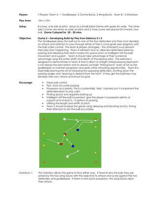 Players 
7 Players: Team A - 1 Goalkeeper, 2 Centre Backs, 2 Wing Backs. Team B - 2 Attackers 
Play Area: 
10m x 10m 
Setup: 
8 cones, one side of pitch setup as a Small Sided Game with goals 3m wide. The other 
side 2 cones are setup as wide as pitch and 2 more cones are placed 2m inward, one 
ball. Game 2 played for 20 - 30 mins 
Objective: 
Game 2 – Developing Build-Up Play from Defence 5 v 2 
The Goalkeeper plays the ball out to one of the four defenders and they must develop 
an attack and attempt to cross through either of their 2 cone goals (see diagram) with 
the ball under control. The team B players (strangely – the attackers) must prevent 
their play from happening. Team A will learn how to utilise less defended areas by 
passing and releasing their team-mates into space and / or intelligent off-the-ball 
movement and support. Team A should take advantage of their numerical 
advantage using the entire width and depth of the playing area. The exercise is 
designed to demonstrate to Team A that a direct or straight ahead playing approach 
is not always the best option and to always consider “linking back” even as far as the 
goalkeeper to maintain possession and open other attacking opportunities. Team B is 
essentially learning the art of harassing the opposing defenders, shutting down the 
passing angles and “learning to defend from the front”. If they get the ball they may 
develop their own attack and shoot for goal. 
Encourage: • Close ball control 
• Fast, short accurate passing 
• Possession as a priority. This is a potentially “risky” scenario but it is important the 
defenders learn to stay calm. 
• Finding space and regularly looking up 
• Intelligent off-the-ball movement, give the player in possession plenty of 
support and at least 2 – 3 options of passing. 
• Utilising the length and width of pitch. 
• Team 2 should analyse the game using delaying and blocking tactics, timing 
their attempts to win the ball accurately. 
Variations 1: This Variation allows the game to flow either way. If Team B wins the ball, they are 
joined by the two wing backs with the objective to attack and score against the two 
defenders and goalkeeper. If Team A wins back possession, the wing backs rejoin 
their attack. 
 