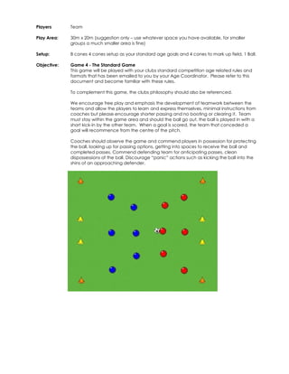 Players 
Team 
Play Area: 
30m x 20m (suggestion only – use whatever space you have available, for smaller 
groups a much smaller area is fine) 
Setup: 
8 cones 4 cones setup as your standard age goals and 4 cones to mark up field, 1 Ball. 
Objective: 
Game 4 - The Standard Game 
This game will be played with your clubs standard competition age related rules and 
formats that has been emailed to you by your Age Coordinator. Please refer to this 
document and become familiar with these rules. 
To complement this game, the clubs philosophy should also be referenced. 
We encourage free play and emphasis the development of teamwork between the 
teams and allow the players to learn and express themselves, minimal instructions from 
coaches but please encourage shorter passing and no booting or clearing it. Team 
must stay within the game area and should the ball go out, the ball is played in with a 
short kick-in by the other team. When a goal is scored, the team that conceded a 
goal will recommence from the centre of the pitch. 
Coaches should observe the game and commend players in possession for protecting 
the ball, looking up for passing options, getting into spaces to receive the ball and 
completed passes. Commend defending team for anticipating passes, clean 
dispossessions of the ball. Discourage “panic” actions such as kicking the ball into the 
shins of an approaching defender. 
 
