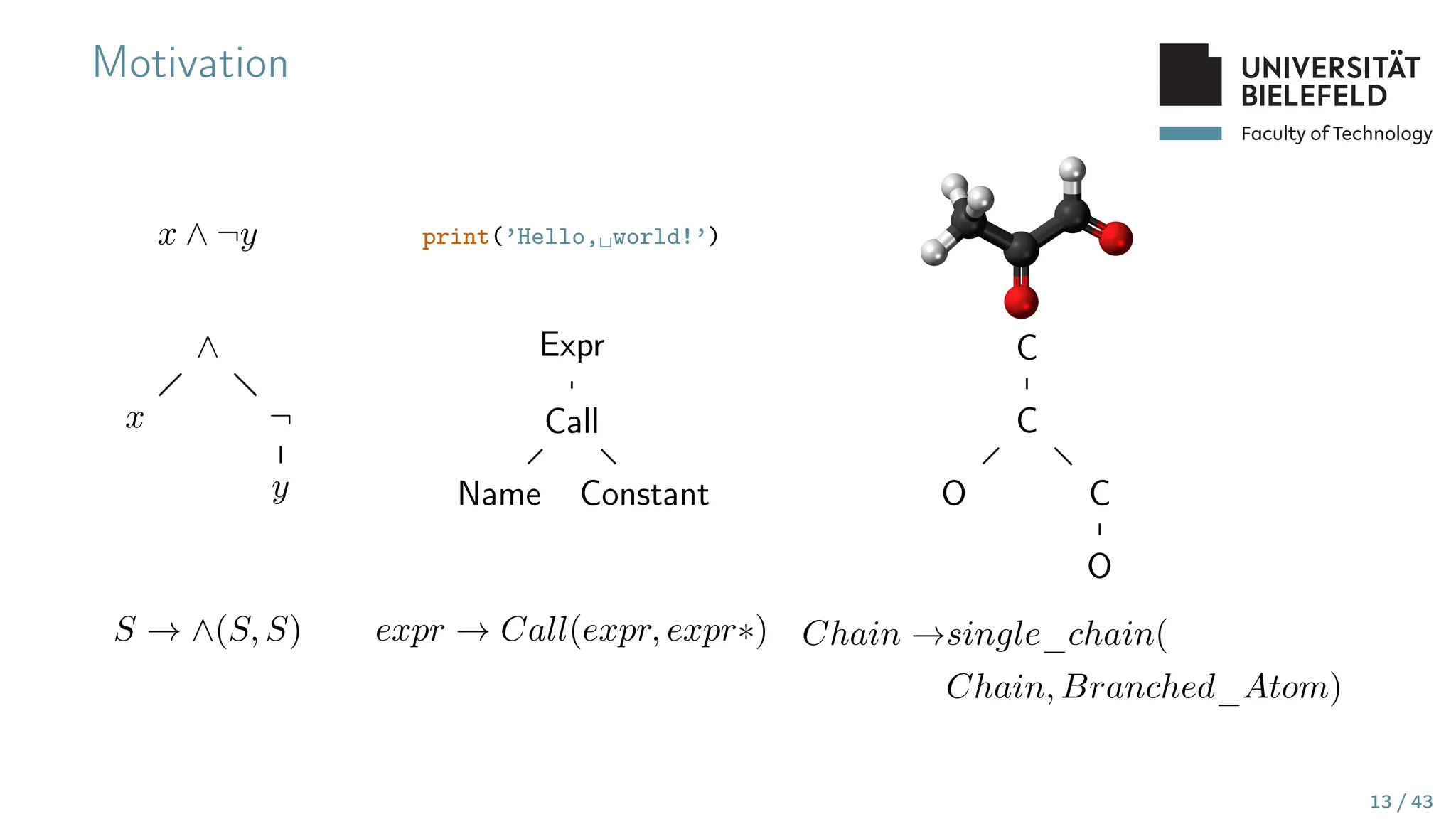 Faculty of Technology
Motivation
x ∧ ¬y
∧
x ¬
y
S → ∧(S, S)
print(’Hello,␣world!’)
Expr
Call
Name Constant
expr → Call(expr, expr∗)
C
C
C
O
O
Chain →single_chain(
Chain, Branched_Atom)
13 / 43
 