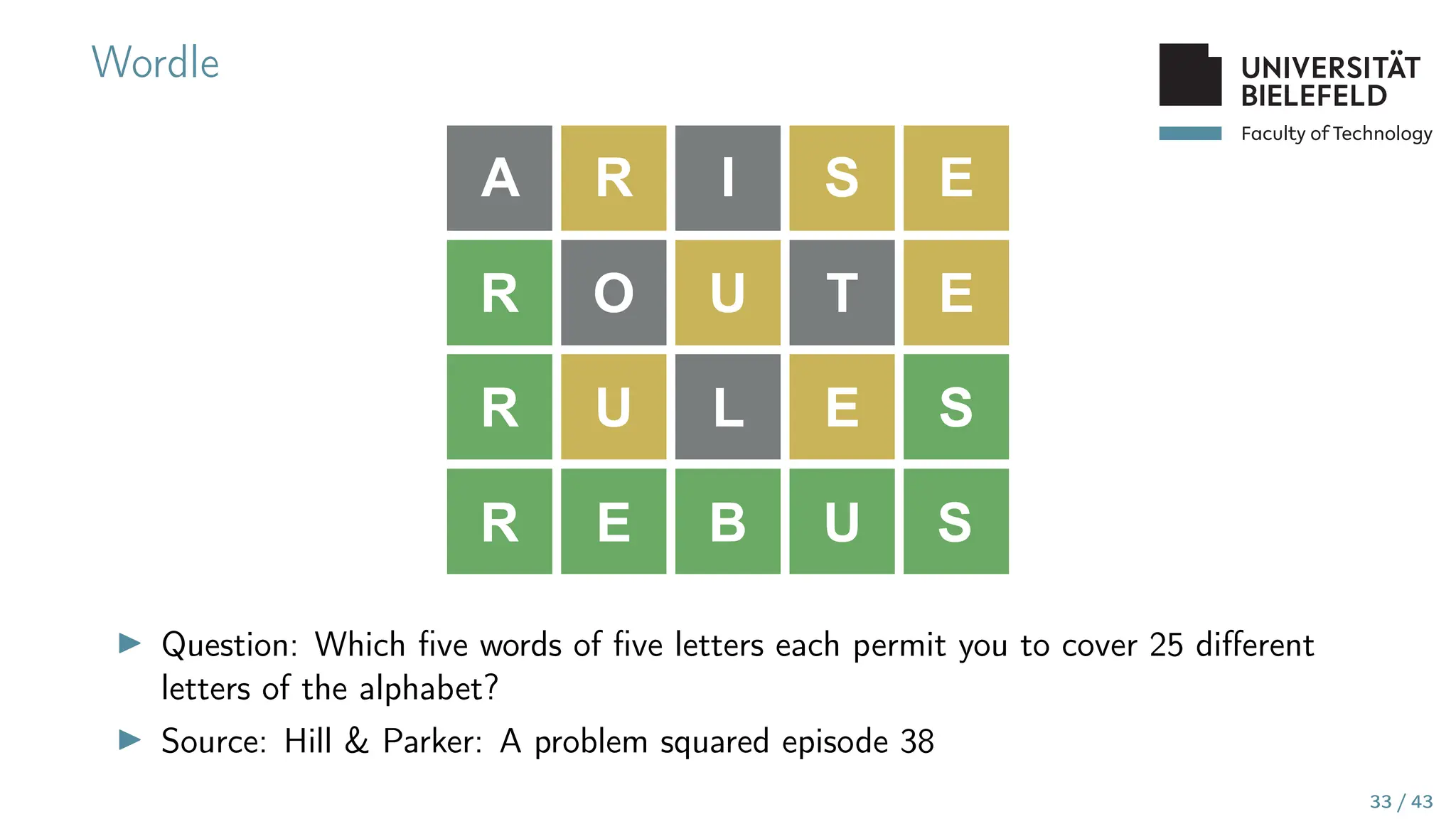 Faculty of Technology
Wordle
▶ Question: Which five words of five letters each permit you to cover 25 different
letters of the alphabet?
▶ Source: Hill  Parker: A problem squared episode 38
33 / 43
 