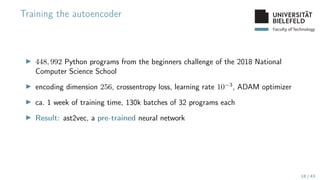 Faculty of Technology
Training the autoencoder
▶ 448, 992 Python programs from the beginners challenge of the 2018 National
Computer Science School
▶ encoding dimension 256, crossentropy loss, learning rate 10−3, ADAM optimizer
▶ ca. 1 week of training time, 130k batches of 32 programs each
▶ Result: ast2vec, a pre-trained neural network
18 / 43
 