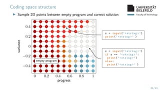 Faculty of Technology
Coding space structure
▶ Sample 2D points between empty program and correct solution
0 0.2 0.4 0.6 0.8 1
−0.4
−0.2
0
0.2
0.4
progress
variance
empty program
x = input(’<string >’)
print(’<string >’ )
x = input(’<string >’)
if x == ’<string >’:
print(’<string >’)
else:
print(’<string >’ )
20 / 43
 