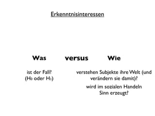 Erkenntnisinteressen




   Was           versus            Wie

 ist der Fall?       verstehen Subjekte ihre Welt (und
(H0 oder H1)               verändern sie damit)?
                         wird im sozialen Handeln
                               Sinn erzeugt?
 