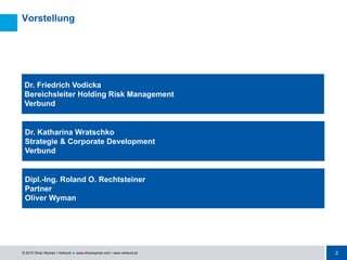 2
© 2010 Oliver Wyman / Verbund  www.oliverwyman.com / www.verbund.at
Vorstellung
Dipl.-Ing. Roland O. Rechtsteiner
Partn...