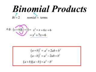 Binomial Products
Bi  2

nomial  terms

e.g.  x  6  x  1  x 2  x  6 x  6

 x2  7 x  6

 a  b   a 2  2ab  b 2
2
 a  b   a 2  2ab  b 2
2

 a  b  a  b   a 2  b 2

 