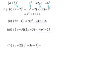 a  b

2

a2

2ab b 2

e.g. (i )  x  2   x 2  2  x  2   22
2

 x2  4x  4
(ii )  3 x  4   9 x 2  24 x  16
2

(iii )  2 p  5  2 p  5   4 p 2  25

(iv)  a  2   a 2  3a  7  

 