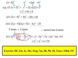 a  b

2

a2

2ab b 2

e.g. (i )  x  2   x 2  2  x  2   22
2

 x2  4x  4
(ii )  3 x  4   9 x 2  24 x  16
2

(iii )  2 p  5  2 p  5   4 p 2  25

2 terms  3 terms

 answer has 6 terms

(iv)  a  2   a 2  3a  7   a 3 3a 2 7a 2a 2 6a 14

 a 3  a 2  a  14

Exercise 1B; 1ch, 2c, 3be, 5ceg, 7ac, 8b, 9b, 10, 11ace, 13bd, 15*

 