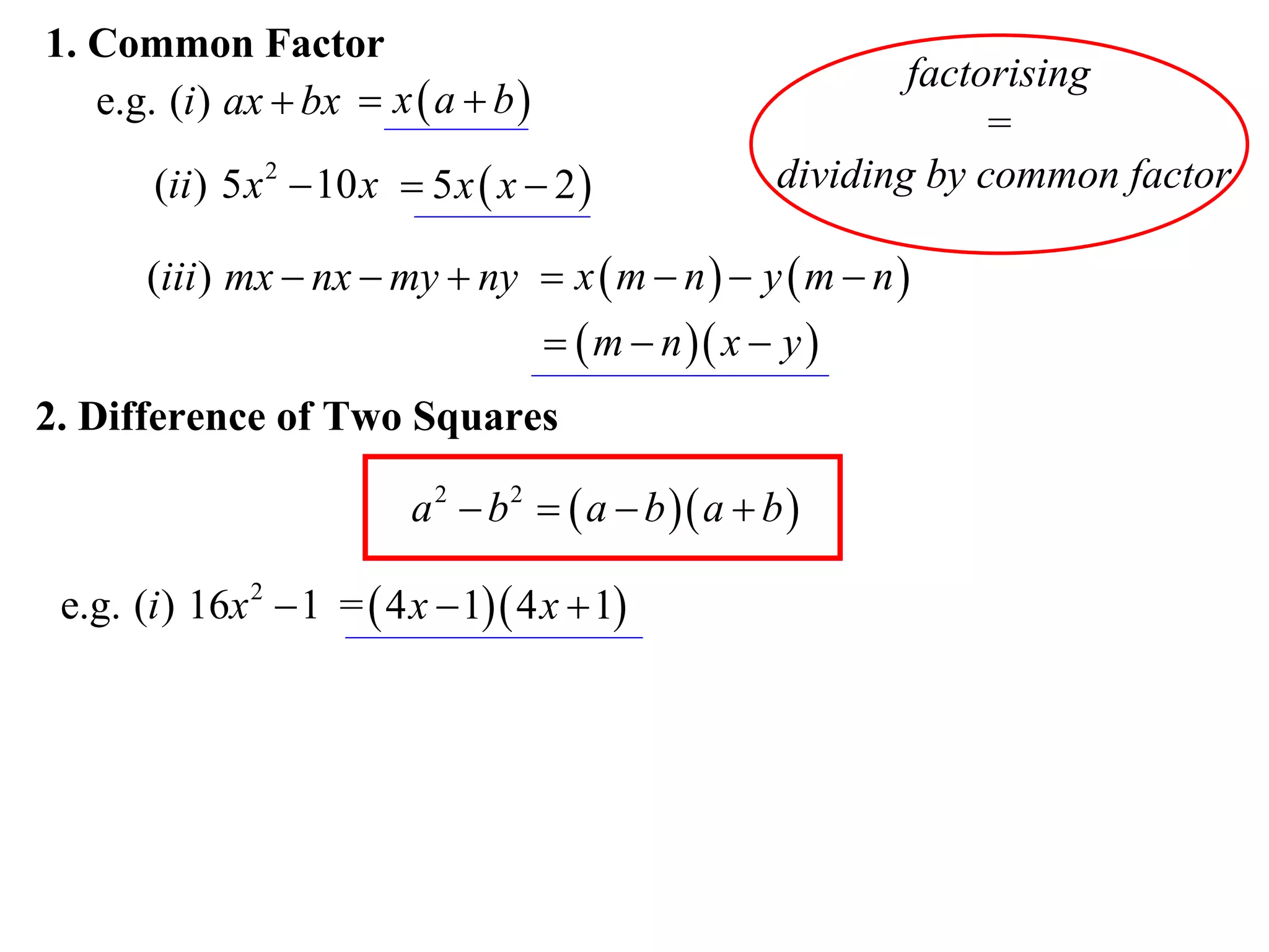 1. Common Factor
                                                               factorising
   e.g. (i ) ax  bx  x  a  b 
                                                                    =
       (ii ) 5 x 2  10 x  5 x  x  2               dividing by common factor

       (iii ) mx  nx  my  ny  x  m  n   y  m  n 
                                       m  n  x  y 
2. Difference of Two Squares

                           a 2  b 2   a  b  a  b 

 e.g. (i ) 16x 2  1 =  4 x  1 4 x  1
 