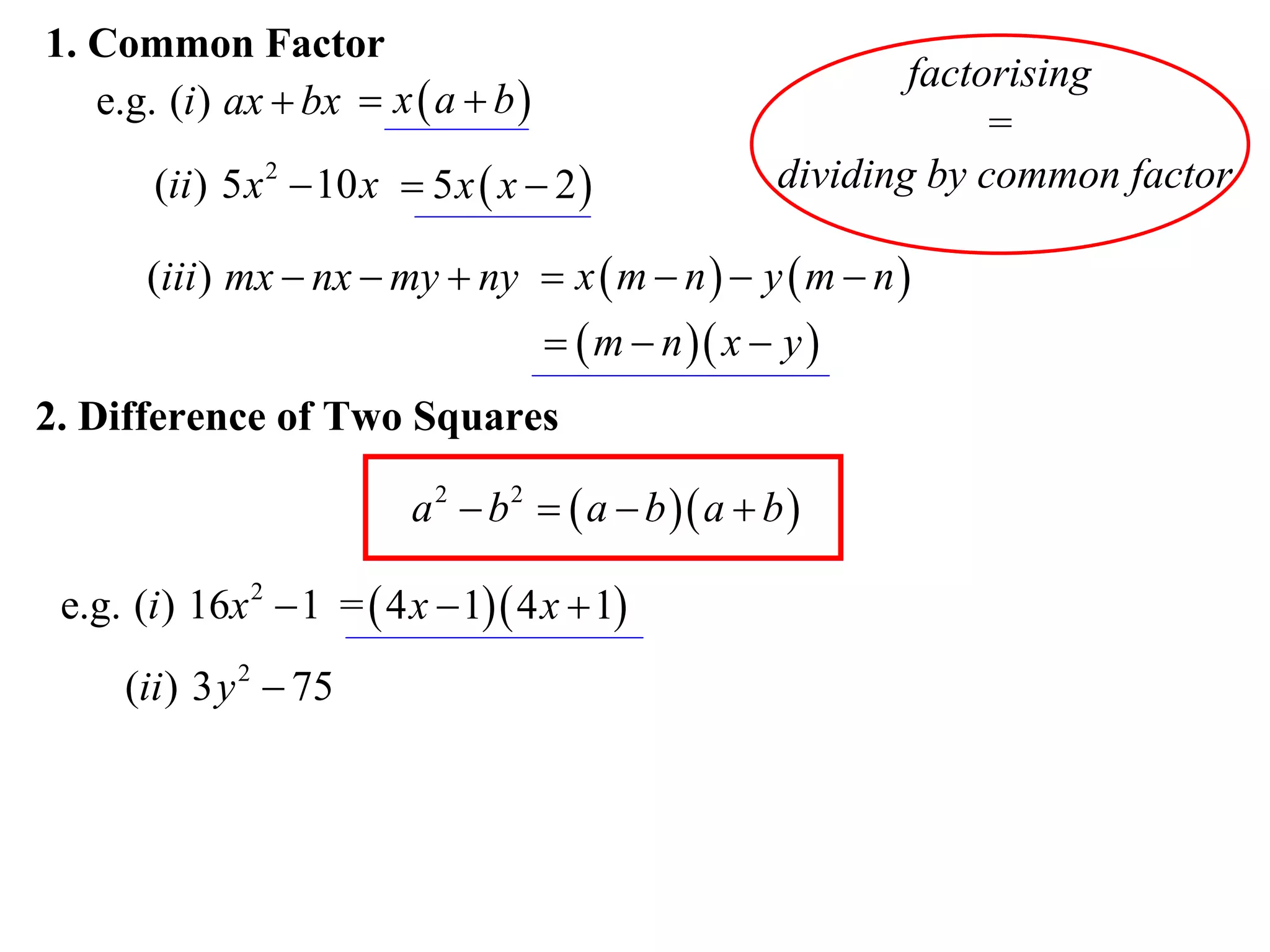 1. Common Factor
                                                               factorising
   e.g. (i ) ax  bx  x  a  b 
                                                                    =
       (ii ) 5 x 2  10 x  5 x  x  2               dividing by common factor

       (iii ) mx  nx  my  ny  x  m  n   y  m  n 
                                       m  n  x  y 
2. Difference of Two Squares

                           a 2  b 2   a  b  a  b 

 e.g. (i ) 16x 2  1 =  4 x  1 4 x  1
     (ii ) 3 y 2  75
 