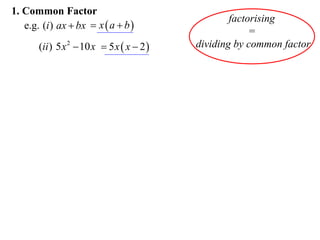 1. Common Factor
e.g. (i ) ax  bx  x  a  b 
(ii ) 5 x 2  10 x  5 x  x  2 

factorising
=
dividing by common factor

 