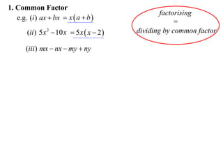 1. Common Factor
e.g. (i ) ax  bx  x  a  b 
(ii ) 5 x 2  10 x  5 x  x  2 

(iii ) mx  nx  my  ny

factorising
=
dividing by common factor

 