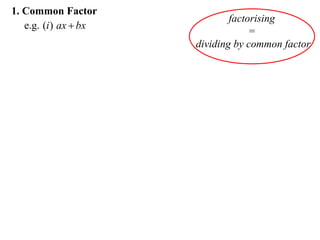 1. Common Factor
e.g. (i ) ax  bx

factorising
=
dividing by common factor

 