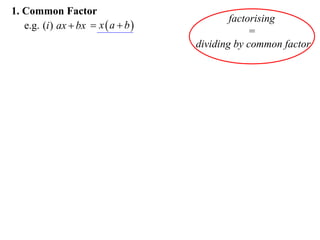 1. Common Factor
e.g. (i ) ax  bx  x  a  b 

factorising
=
dividing by common factor

 