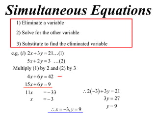 Simultaneous Equations
  1) Eliminate a variable
  2) Solve for the other variable

  3) Substitute to find the eliminated variable
e.g. (i ) 2 x  3 y  21 (1)
       5 x  2 y  3  (2)
 Multiply (1) by 2 and (2) by 3
        4 x  6 y  42
       15 x  6 y  9
       11x       =  33                 2  3  3 y  21
         x       = 3                              3 y  27
                                                   y9
                      x  3, y  9
 