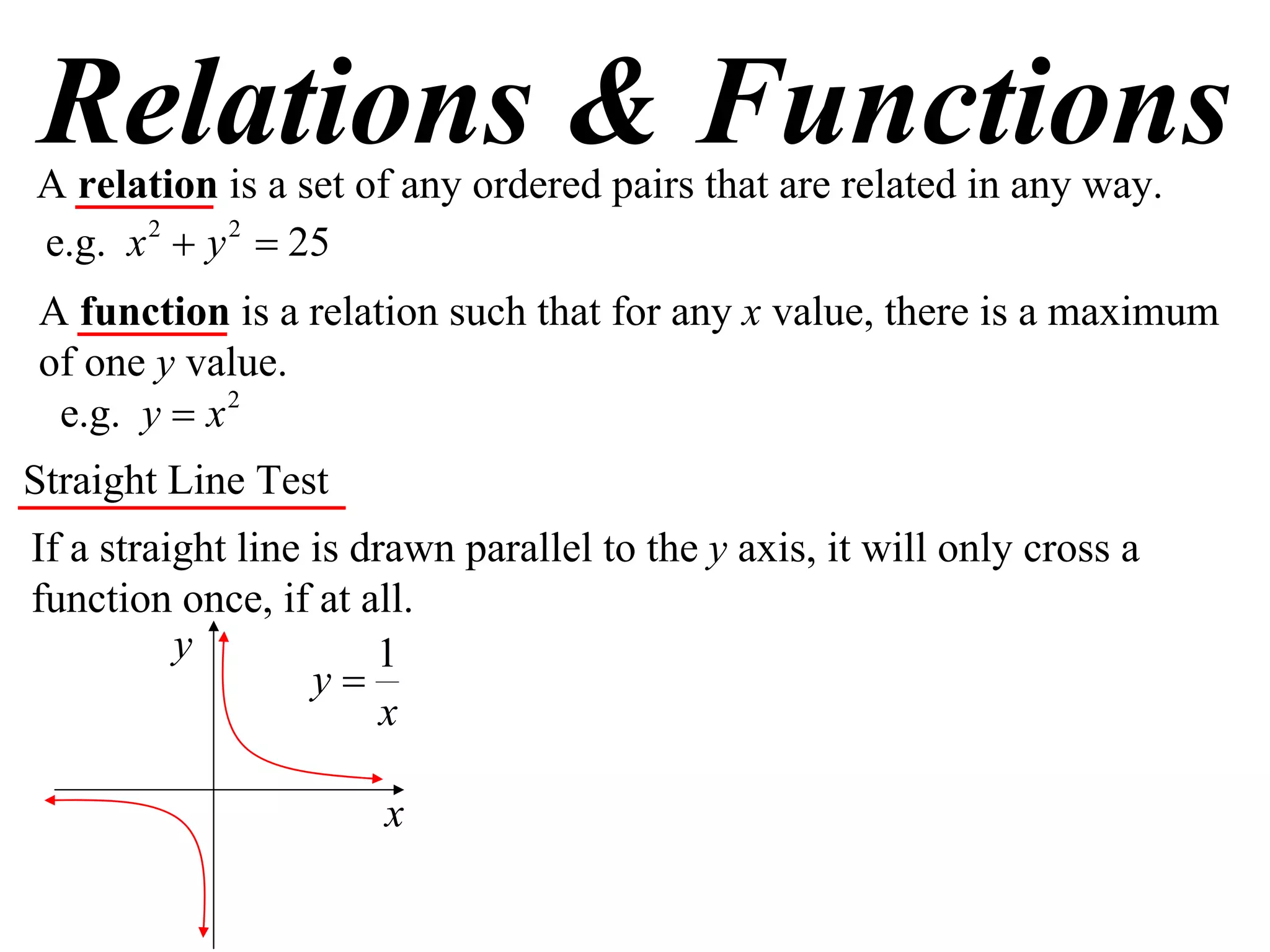 Relations & Functions
A relation is a set of any ordered pairs that are related in any way.
e.g. x 2  y 2  25
A function is a relation such that for any x value, there is a maximum
of one y value.
 e.g. y  x 2
Straight Line Test
If a straight line is drawn parallel to the y axis, it will only cross a
function once, if at all.
          y            1
                   y
                        x

                       x
 