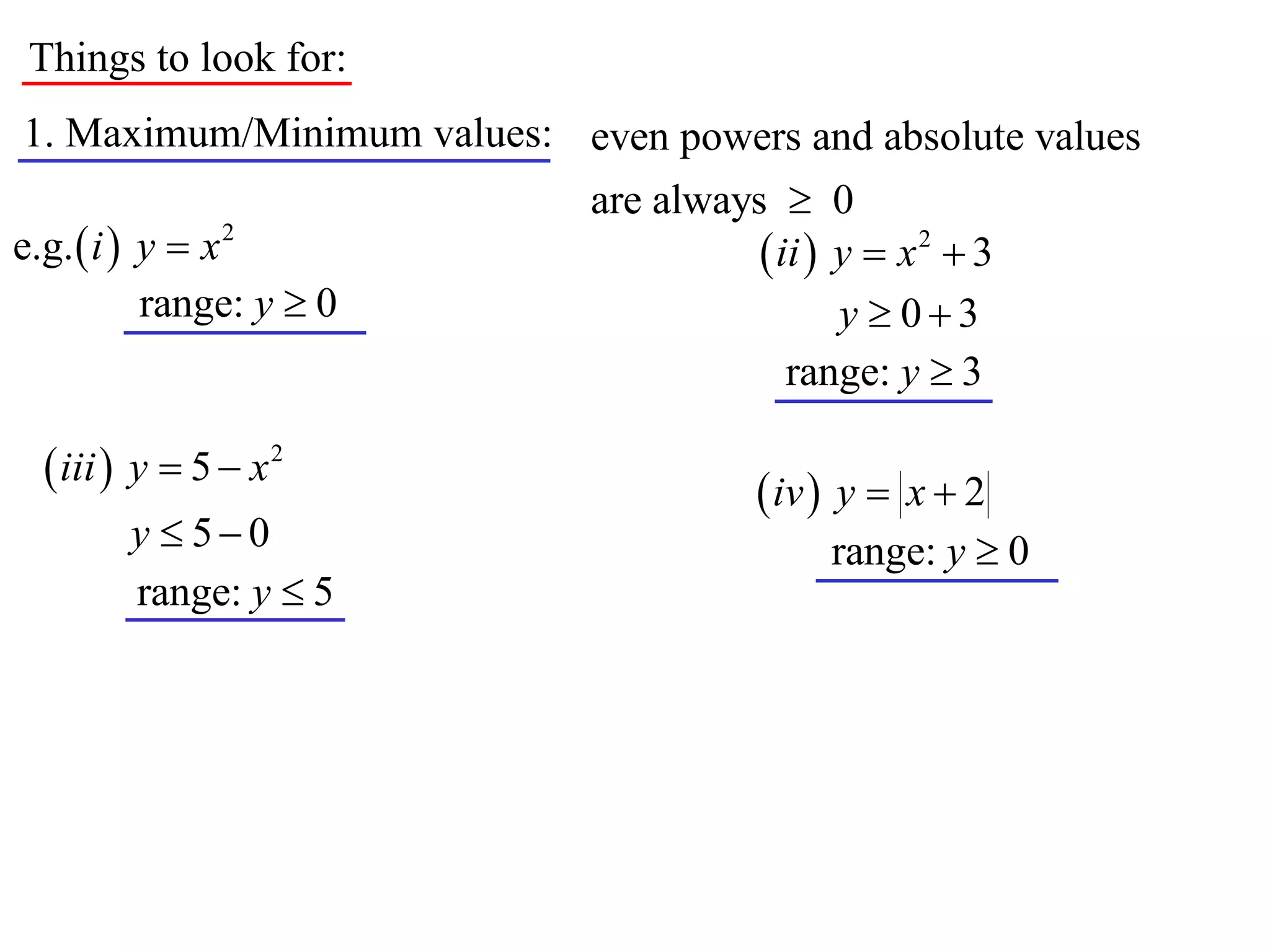 Things to look for:
1. Maximum/Minimum values: even powers and absolute values
                             are always  0
e.g.  i  y  x 2                      ii  y  x 2  3
           range: y  0                       y  03
                                          range: y  3

   iii  y  5  x 2                    iv  y  x  2
        y  50                              range: y  0
        range: y  5
 