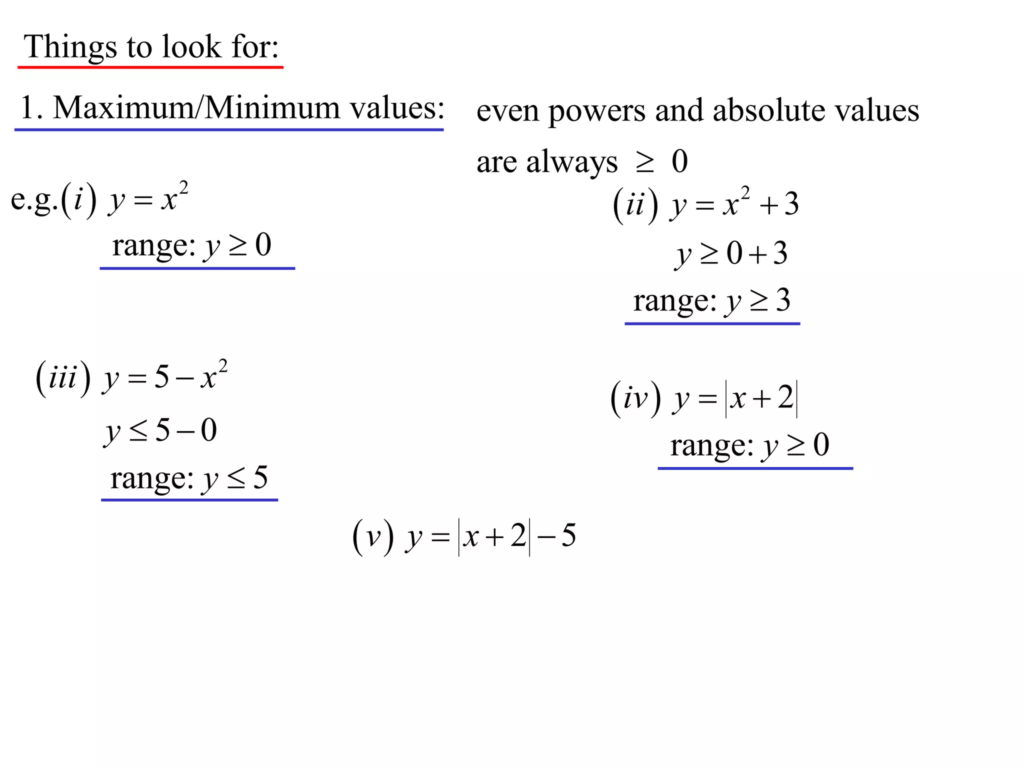 Things to look for:
1. Maximum/Minimum values: even powers and absolute values
                                   are always  0
e.g.  i  y  x 2                            ii  y  x 2  3
           range: y  0                             y  03
                                                range: y  3

   iii  y  5  x 2                          iv  y  x  2
        y  50                                    range: y  0
        range: y  5
                          v y  x  2  5
 
